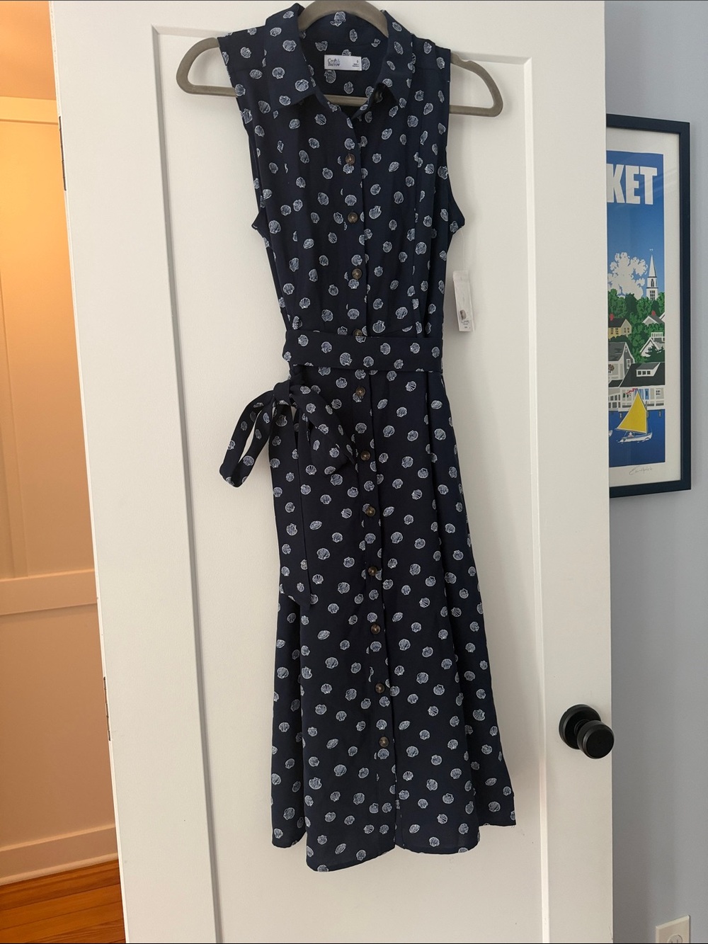 croft & barrow Navy Sleeveless Polka Dot Shirt Dress with Tie Waist